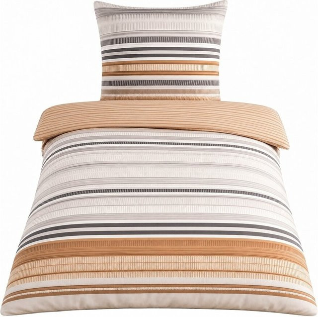 Wendebettwäsche COFI 1453 mit Streifenmuster in Braun, Orange und Beige mit verdecktem Reißverschluss - Bild 1