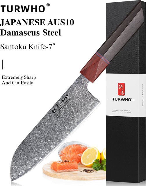 TURWHO Japanisches Santokusmesser aus Damaststahl, handgeschmiedetes Profi-Kochmesser mit Holzgriff, Klingenlänge: 17,78 cm - Bild 1