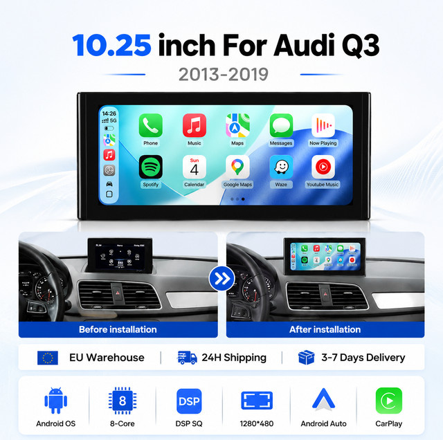 MEKEDE Android 15 Kabelloses Carplay Intelligentes Autosystem für Audi Q3 8U 2011-2018 mit GPS-Navigation, Android Auto, DSP und WIFI, Schwarz - Bild 1