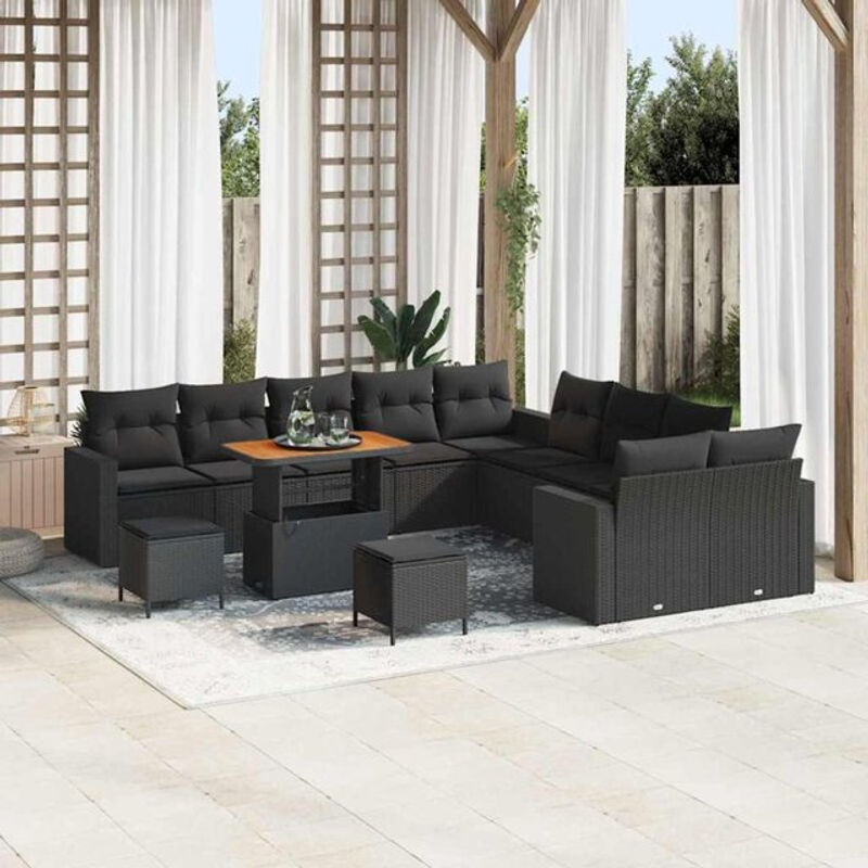 vidaxl Garten-Sofa-Set aus Poly-Rattan und Massivholz in Schwarz, 13-teilig, modern - Bild 1