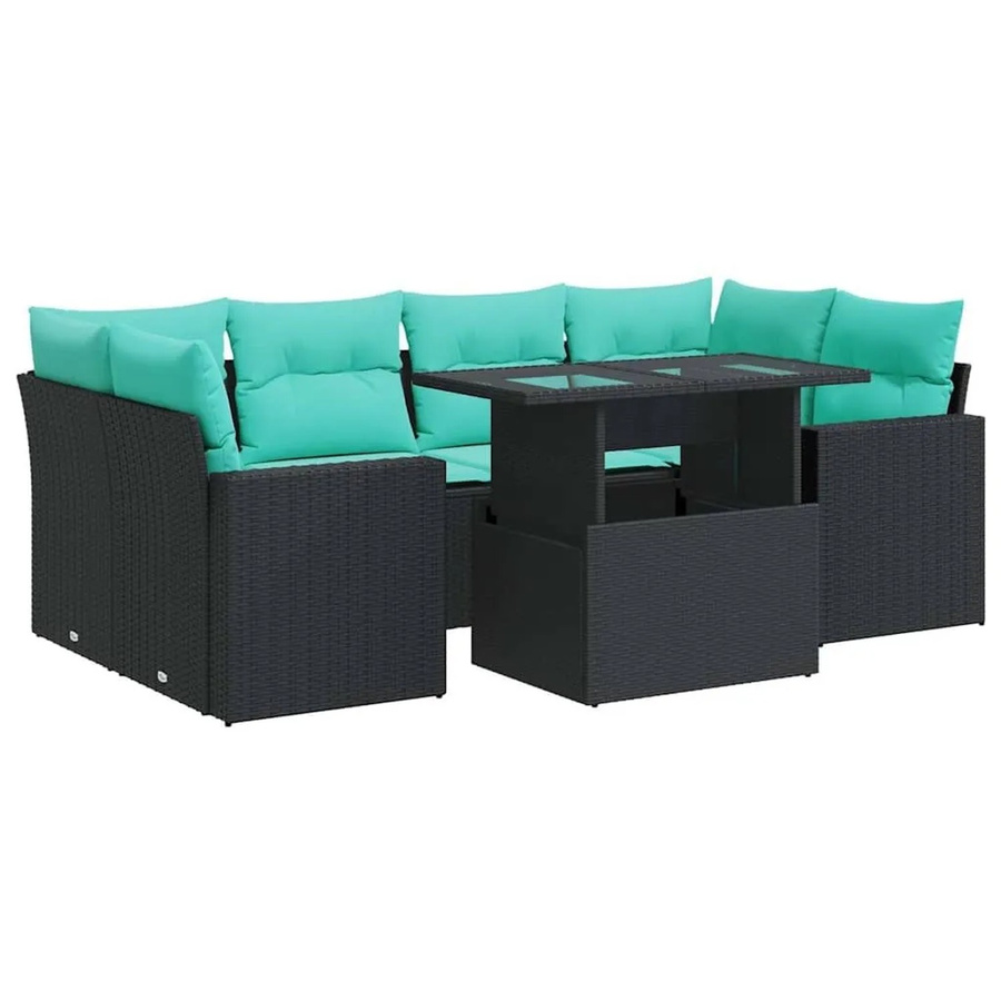 vidaXL 7-teilige Garten-Sofagarnitur in U-Form aus schwarzem Poly-Rattan mit Kissen und pulverbeschichtetem Stahlgestell - Bild 2
