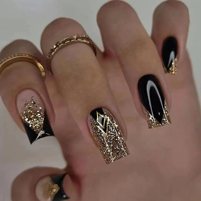 WishLucky Künstliche Nägel, Quadratisch, Glitzernder Farbverlauf, 24 Stück - Bild 1