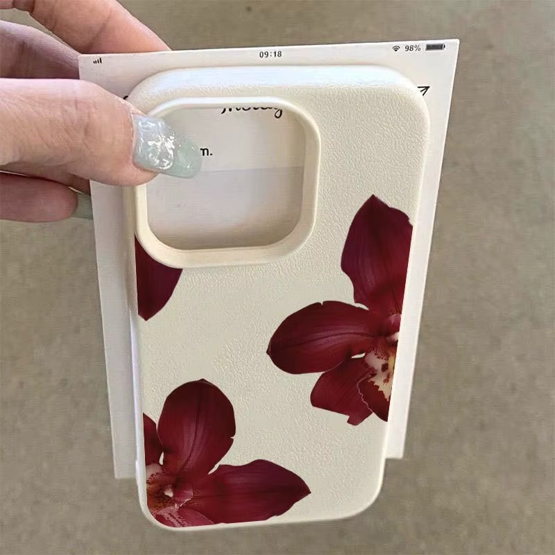Handyhülle mit Lychee-Struktur und Orchideenmuster für Apple iPhone 17, 16, 15 Serien in Beige und Multicolour - Bild 3