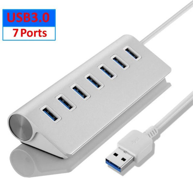 Kebidumei USB 3.0 Hub aus Aluminiumlegierung in Silber mit 7 Anschlüssen und 5 Gbit/s Hochgeschwindigkeit als Dockingstation und OTG-Adapter für Laptop und PC - Bild 1
