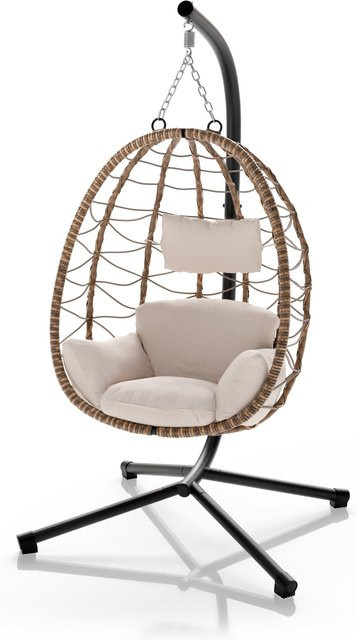 Juskys Korb-Hängesessel Aria in Beige mit höhenverstellbarem Eisengestell aus Polyrattan und Stahl - Bild 1