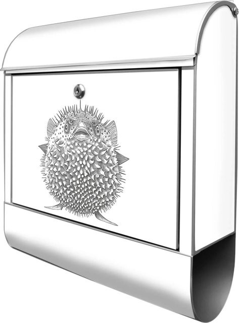 Banjado Design Briefkasten Silber Pulverbeschichtet mit Motiv Kugelfisch und Zeitungsfach, B/T/H: 39 x 14 x 47 cm - Bild 1