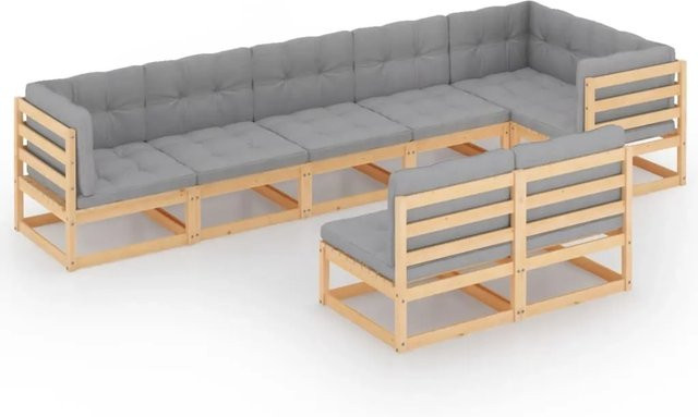 vidaXL 8-tlg Garten-Lounge-Set aus massivem Kiefernholz in L-Form mit grauen Polsterkissen - Bild 1