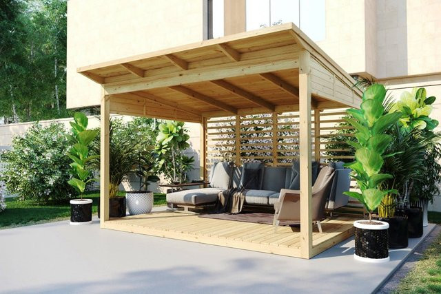 Hansagarten24 Gartenlaube Typ B aus Brettschichtholz in Naturholz, B/B: 4 x 3 m - Bild 1