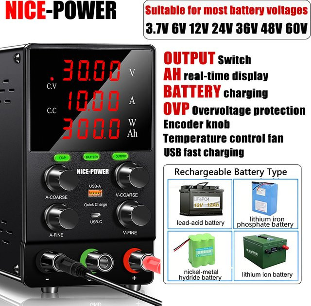 NICE-POWER Li-Ion Akku-Ladegerät Schwarz: Einstellbare Desktop-DC-Stromversorgung für 6V/12V/24V/36V/48V/60V mit Echtzeit-Ah-Anzeige - Bild 1