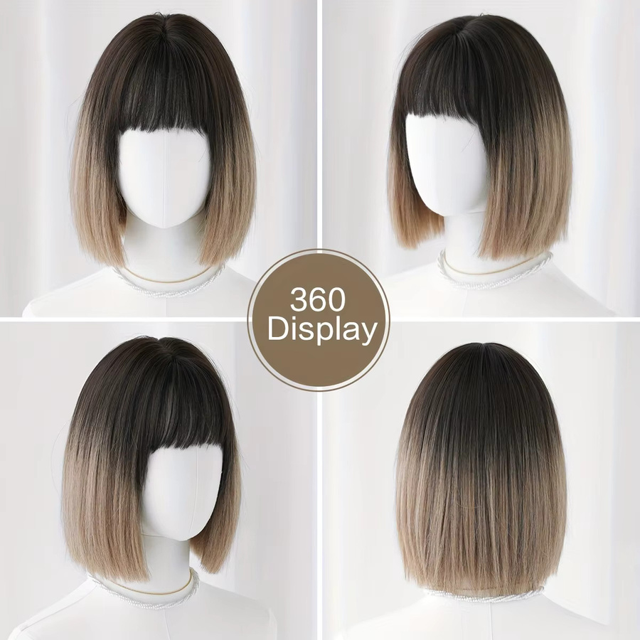 7JHH WIGS Bob-Perücke, synthetisch, Ombre Schwarz-Hellbraun, Damen - Bild 2
