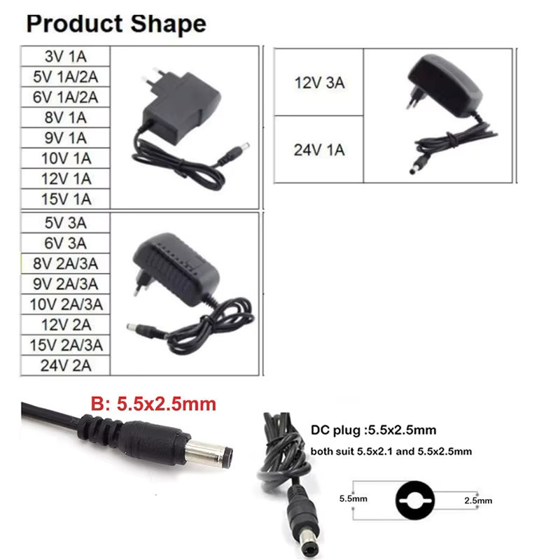 AC zu DC Netzteil Adapter mit Barrel Plug in Schwarz für LED Streifen (Wählbare Spannungen 3V bis 24V) - Bild 2