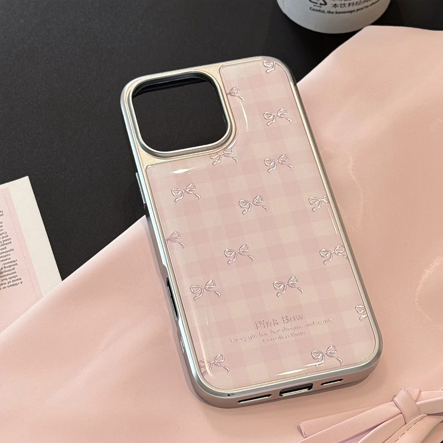 Fashion Drop Handyhülle mit Schleife und rosa Karomuster für iPhone 16 15 14 13 12 Pro Max in Pink mit silbernem Rand - Bild 2