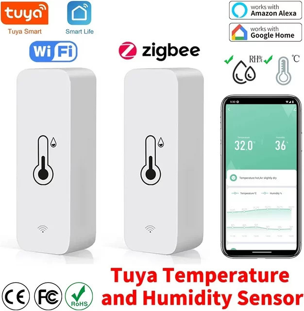 Tuya Smart Temperatur- und Feuchtigkeitssensor mit WiFi und Zigbee, weißes Thermometer und Hygrometer zur App-Steuerung via Smart Life, kompatibel mit Alexa und Yandex - Bild 1