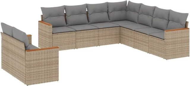 vidaXL 9-tlg. Garten-Sofagarnitur in L-Form aus Poly-Rattan mit Kissen in Beige - Bild 1