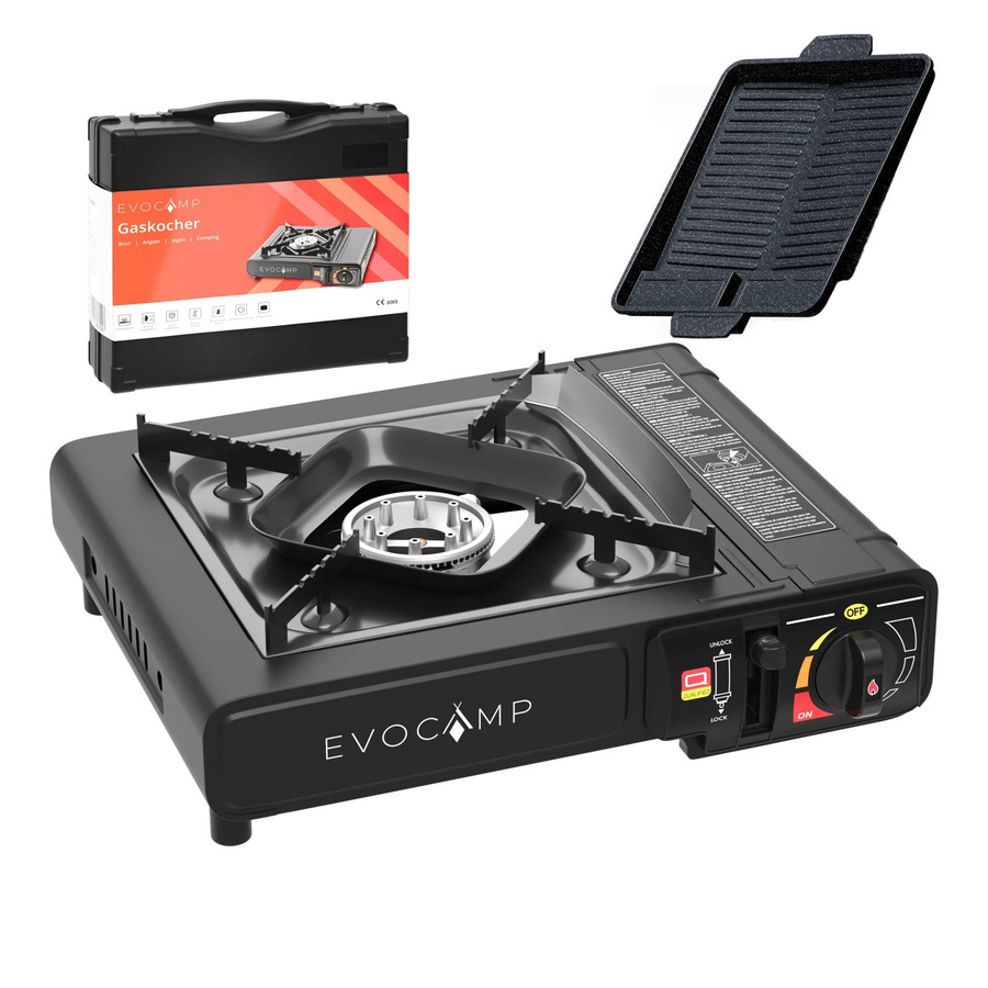 Evocamp Camping Gaskocher 1-Flammig mit Grillplatte und Tragekoffer aus Aluminium mit Piezo-Zündung für 227g Butangas-Kartuschen - Bild 2