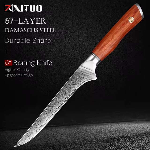 Xituo Damaskus Ausbeinmesser aus VG10-Damaststahl mit Palisandergriff in Braun, 15,24 cm - Bild 1