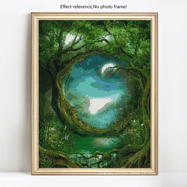 FIYO 5D DIY Diamantmalerei Motiv Alter Mann und Baum mit runden Strasssteinen in Schwarz und Grün, Breite: 30 cm, Höhe: 20 cm - Bild 1