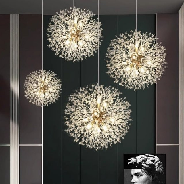 JIANKEXING LED-Pendelleuchte Pusteblume aus Kristall und Metall in Gold/Messing mit warmweißem Licht für Wohnzimmer und Schlafzimmer - Bild 1