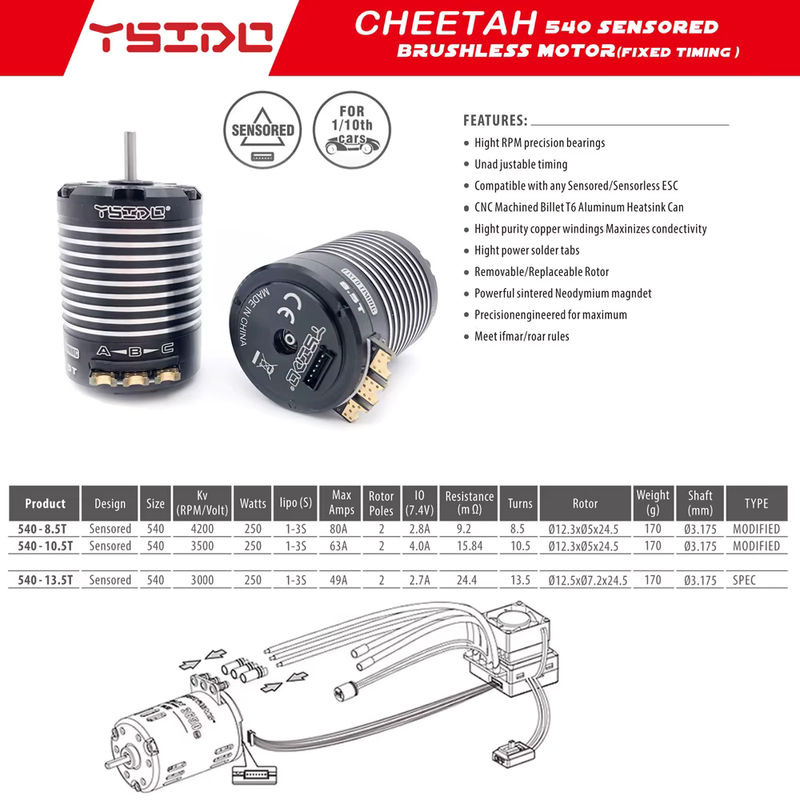 YSIDO Cheetah Sensored Bürstenloser Motor mit Hobbywing 10BL120 ESC für RC Drift Auto - Bild 6