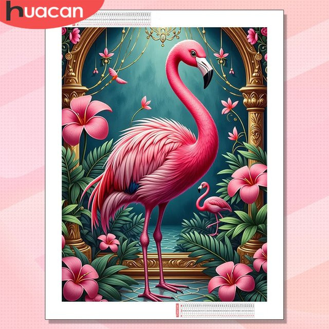 HUACAN Diamantmalerei Flamingo mit Blumen als 5D DIY Kunst Mosaik Wanddekoration, Mehrfarbig, Rund, B: 30,0 cm, H: 20,0 cm - Bild 1