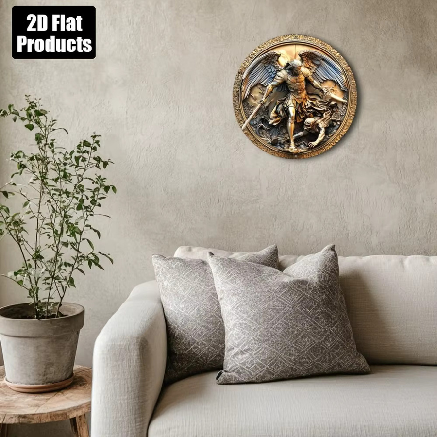 Rundes Aluminium-Metallschild Angel Warrior von Hello Young in Gold, Durchmesser: 20,3 cm, Wanddekoration für Zuhause, Bar oder Büro - Bild 4