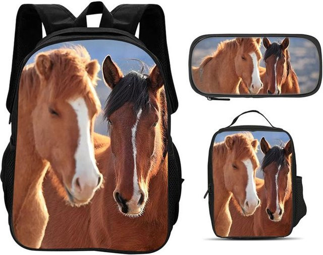 3er-Set Schulset mit Pferderucksack, Federmäppchen und Kühlpack im 3D-Druck-Design von Fancy Style Studio, mehrfarbig - Bild 1