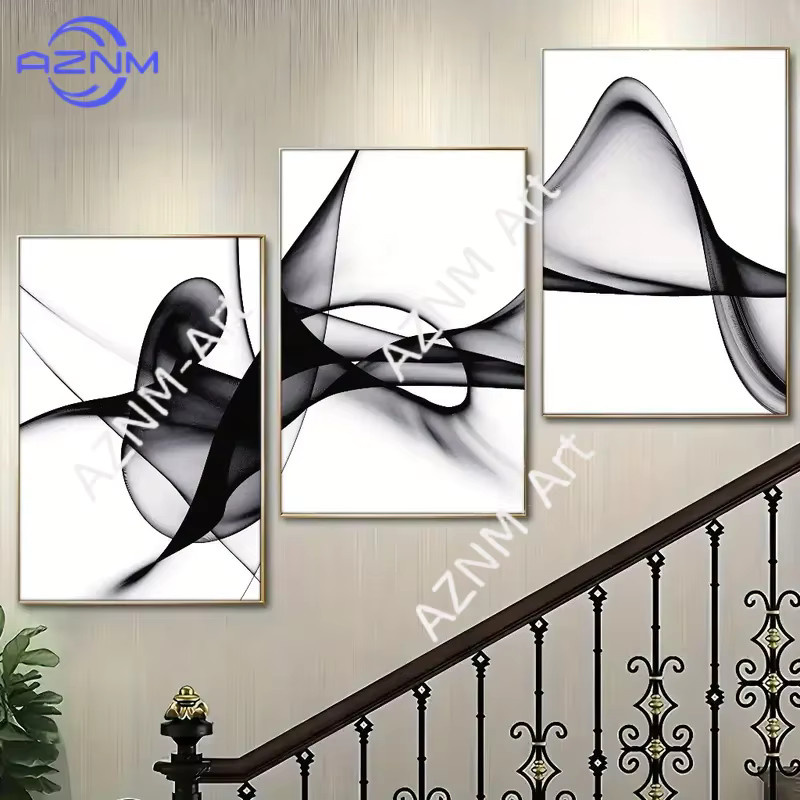 3-teiliges abstraktes Leinwand-Wandkunst-Set von AZNM in Schwarz-Weiß mit geometrischem Blättermotiv im minimalistischen Design ohne Rahmen - Bild 1