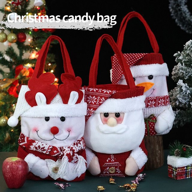 Weihnachtliche Stofftasche mit Santa Claus, Schneemann und Elch als Dekoration für Süßigkeiten und Geschenke, Mehrfarbig - Bild 1