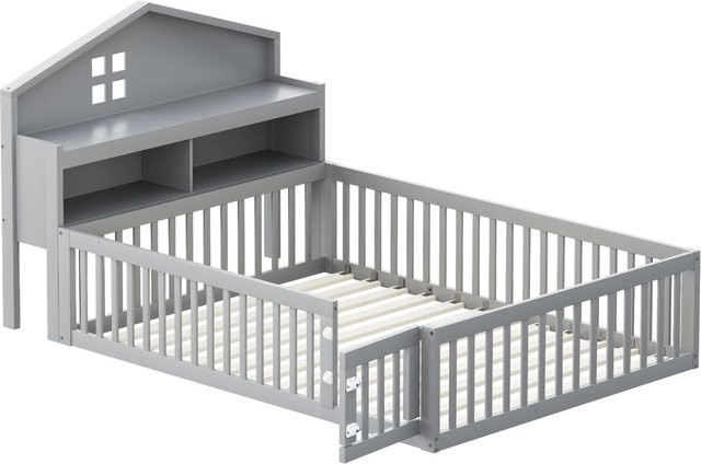 Merax Kinderhausbett aus Massivholz Kiefer in Grau mit Bettseitenteilen und Regalfächern, B/T/H: 235 x 140 x 115 cm - Bild 1