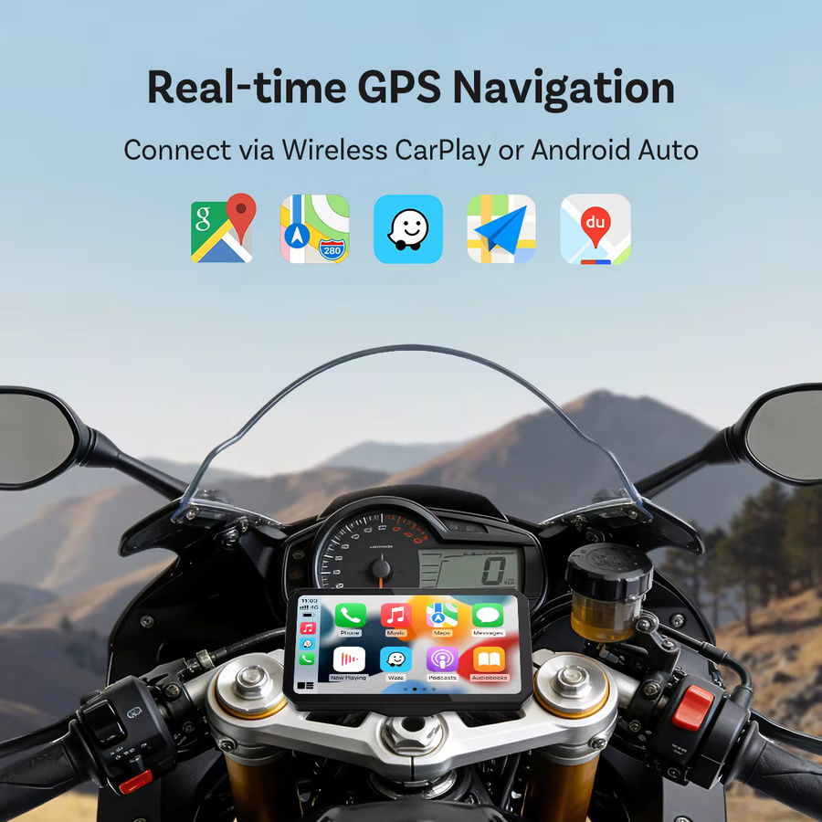 Ottocast C6 Kabelloses CarPlay und Android Auto Motorrad-Display mit DVR und TPMS, 6 Zoll Touchscreen, Schwarz, IP67 Wasserdicht - Bild 3