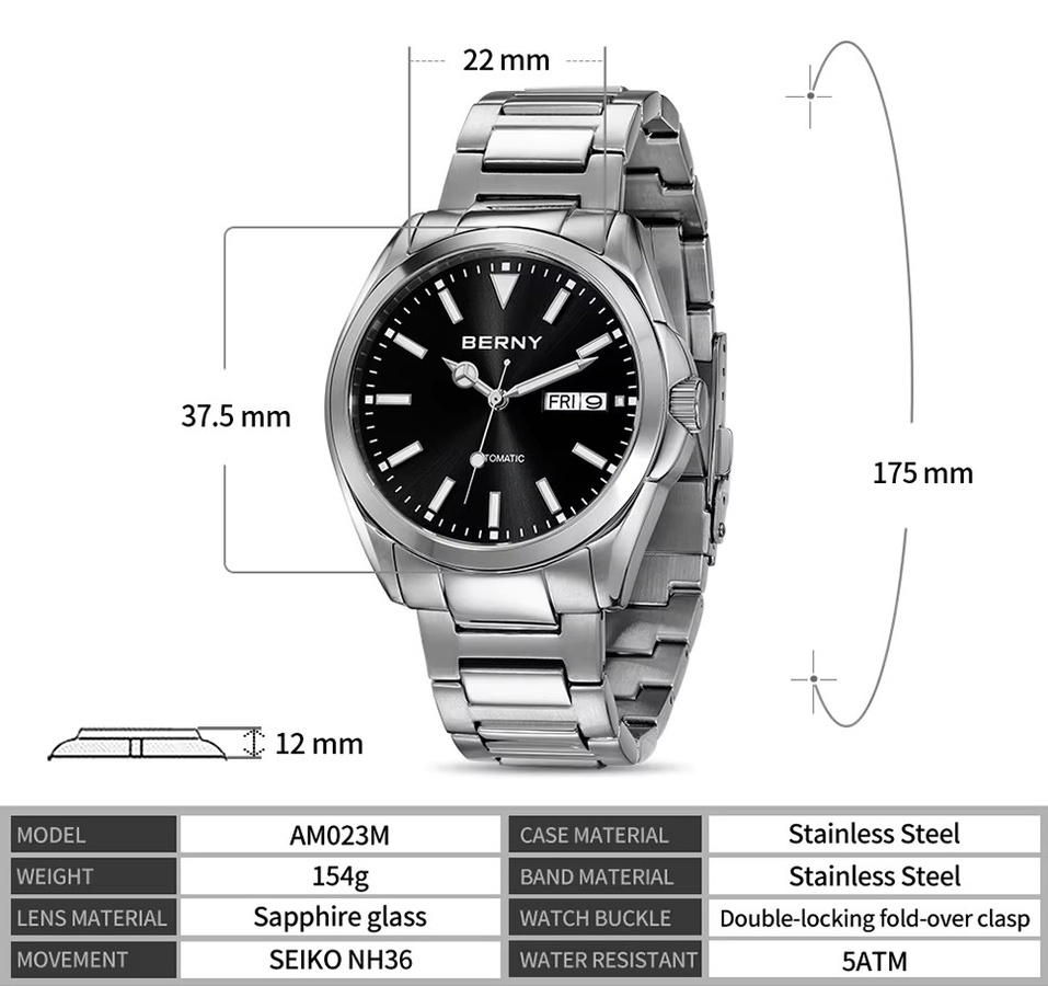 BERNY Armbanduhr Automatik, Edelstahl, Saphirglas, Herren, Schwarz - Bild 5