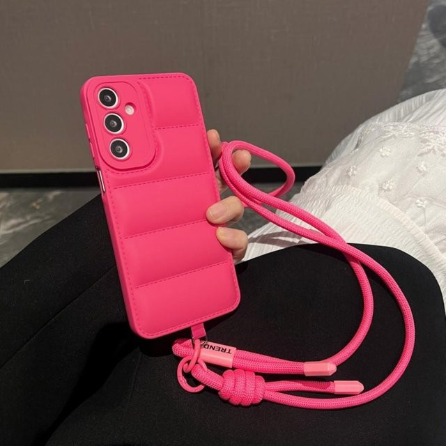 Modische Crossbody-Handyhülle im Daunen-Design mit langem Lanyard für Samsung Galaxy S25 S26 Ultra S24 S23 Plus S22 S21 FE A55 A56 A16 in Pink - Bild 1