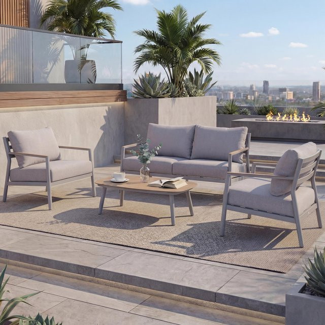 MCW Aluminium Gartengarnitur P79 Lounge-Set mit 2er-Gartenbank und 2 Sesseln in Creme-Beige aus Olefin-Stoff - Bild 2
