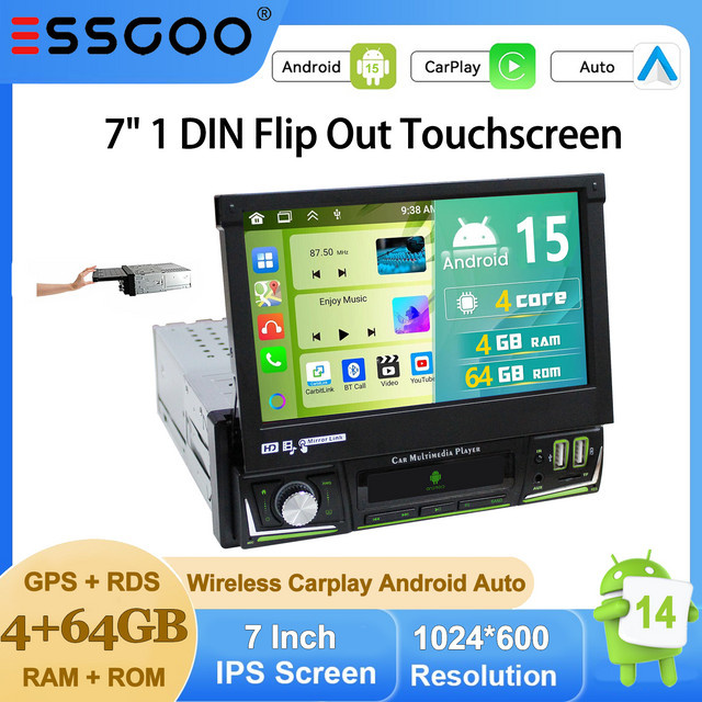 ESSGOO Android 14 Autoradio mit 7 Zoll ausklappbarem Touchscreen, 4+64G, Kabelloses CarPlay, GPS, WLAN, Bluetooth, USB und Mirror Link, Schwarz - Bild 1
