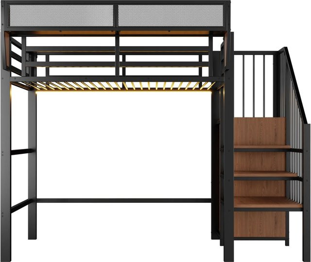 Merax Hochbett aus Metall und MDF mit LED-Unterbettbeleuchtung und Stauraum, Schwarz, B/T/H: 90 x 200 x 191 cm - Bild 1