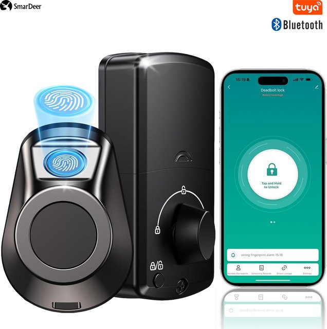 SmarDeer Elektronisches Schloss für Tuya Smart Lock, digitales Türschloss mit Fingerabdruck und schlüssellosem Zugang, Schwarz - Bild 1