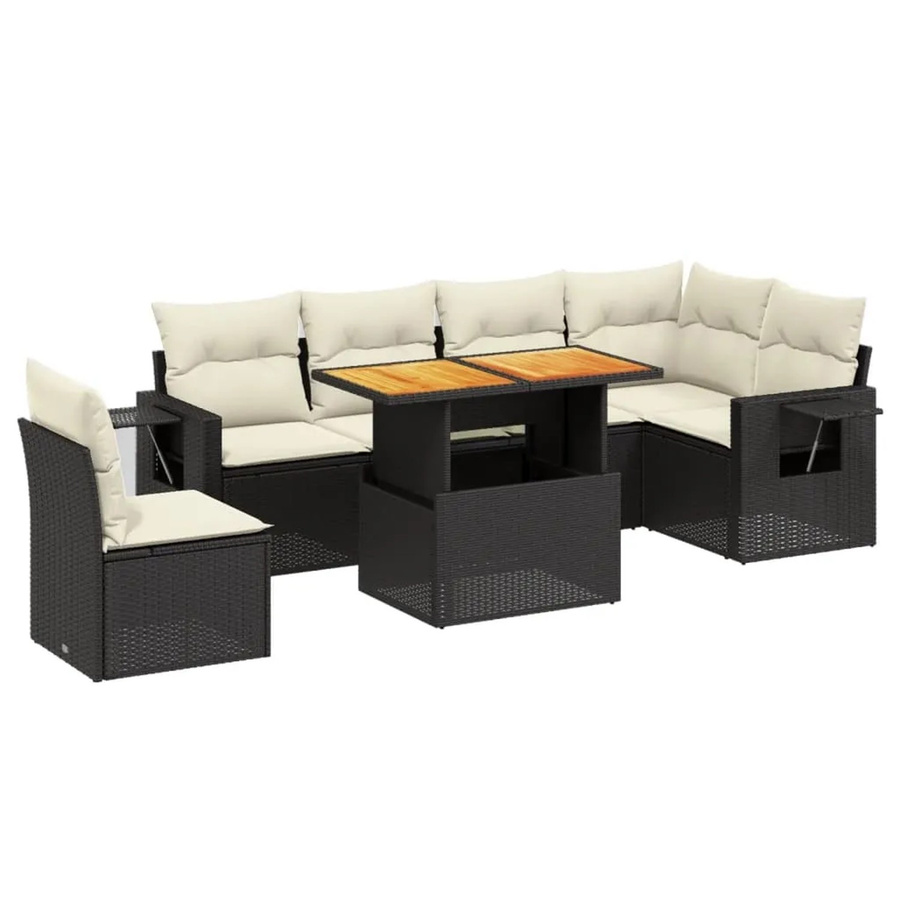 vidaXL 7-teilige Garten-Sofagarnitur in L-Form aus Polyrattan und Akazienholz mit Kissen in Schwarz-Creme - Bild 2