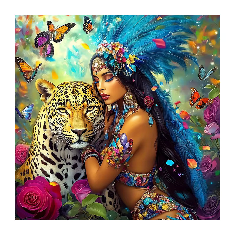 Huacan Diamantmalerei Leoparden-Frau als Tier-Porträt Mosaik-Kunstwerk in Mehrfarbig mit Rundbohrern und Vollquadrat-Steinen - Bild 4