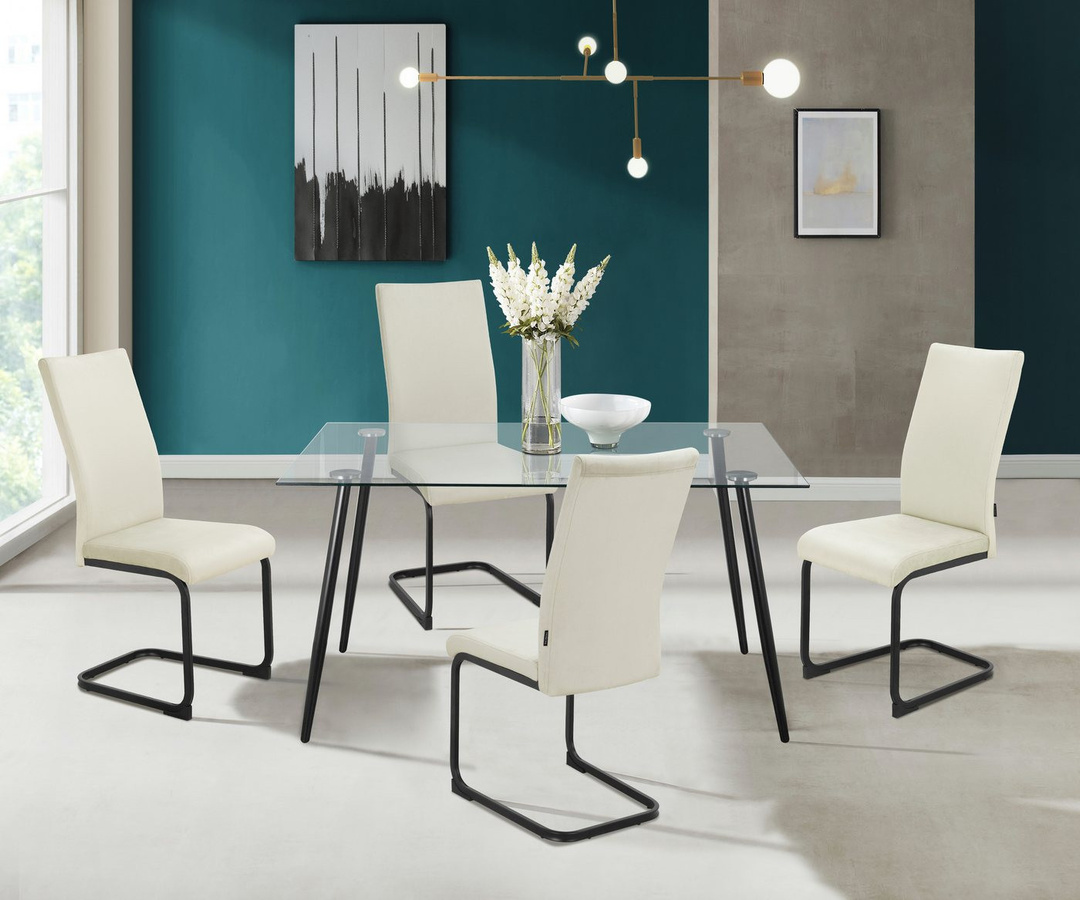 loft24 Essgruppe Kian Esszimmer Set 5-tlg mit Glastisch 140 cm und 4 Freischwinger Stühlen in Samtbezug mit Metallgestell - Bild 1
