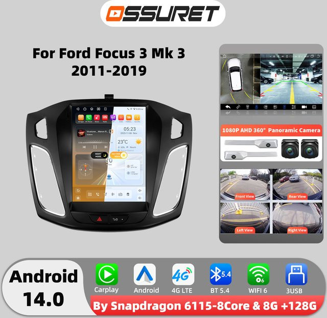 OSSURET 9,7 Zoll Android 14 Autoradio für Ford Focus 3 MK 3 2011-2019 mit Snapdragon 8-Kern Multimedia-Player, Carplay und GPS, Schwarz - Bild 1