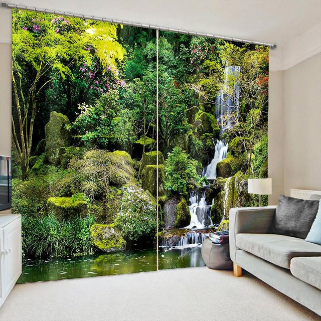 Dekorativer Vorhang mit Wald, Bergen und Wasserfall von Your Warm Home, 2 Paneele, Grün, semi-transparent, B/H: 100 x 130 cm - Bild 1
