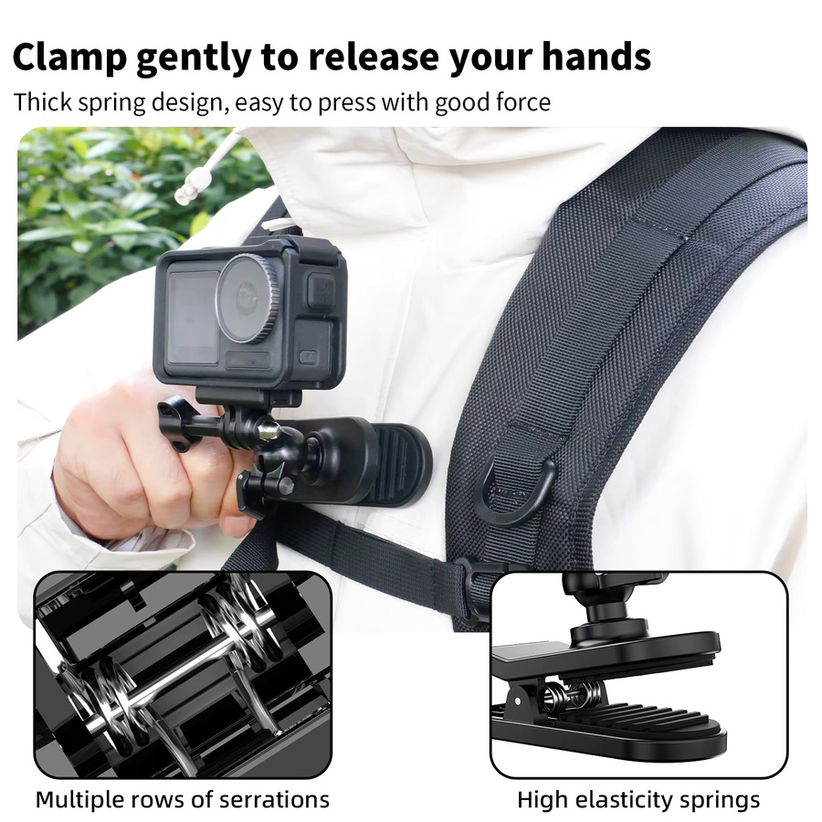 Sheingka 360 Grad Rotations Rucksack Clip Clamp Halterung in Schwarz für GoPro Hero 13 12 11 10 9 8 7 Insta360 und DJI Action Kameras - Bild 4