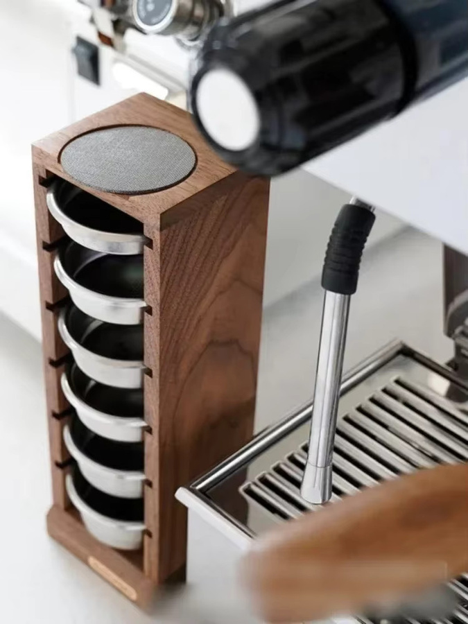 JUSTINLAU Espresso Korb Display Rack aus Walnuss Holz für 51mm, 53mm und 58mm Kaffee Pulver Schüssel Lagerung Barista Zubehör in Braun - Bild 5