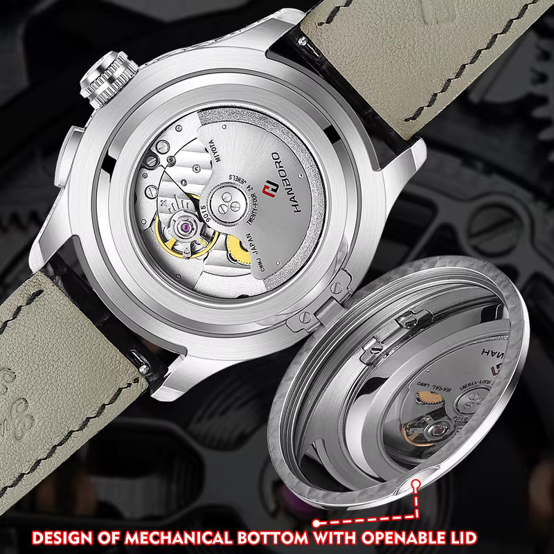 HANBORO Armbanduhr Automatik, Edelstahl, Saphirglas, Leder, Herren - Bild 4