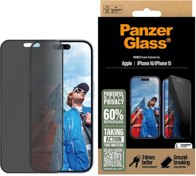 PanzerGlass Privacy Displayschutzglas Ultra-Wide Fit für Apple iPhone 16 und iPhone 15 mit EasyAligner - Bild 3
