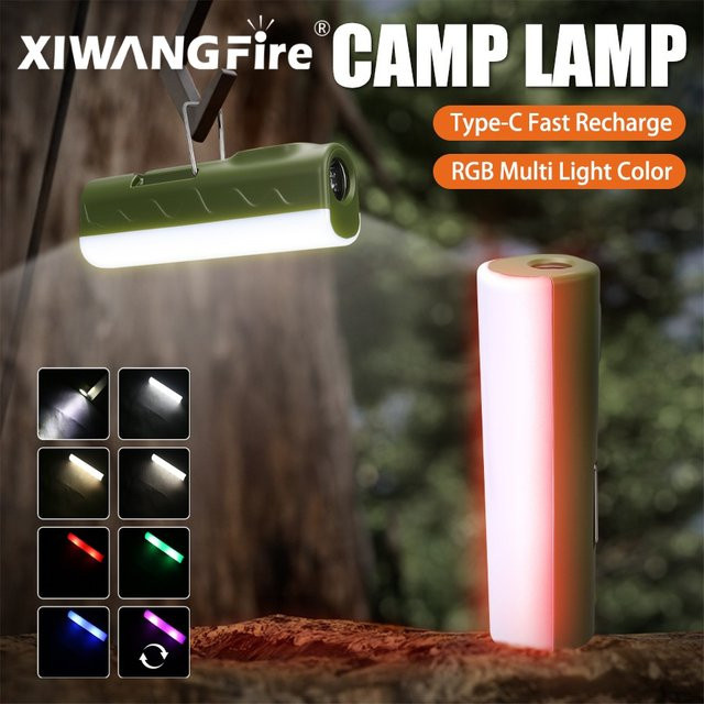 XIWANGFIRE Wiederaufladbare RGB LED Camping Lampe mit Haken für Zelt und Outdoor-Atmosphäre in Grün und Weiß - Bild 1