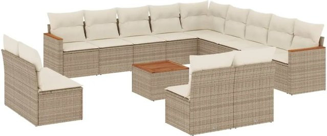 vidaXL 14-teilige Garten-Sofagarnitur in L-Form aus Poly-Rattan und Akazienholz mit Kissen in Beige und Cremeweiß - Bild 1
