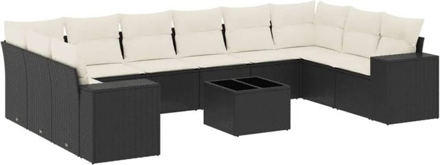 vidaXL 11-tlg. Garten-Sofagarnitur in L-Form mit Kissen und Couchtisch, Schwarz, Poly-Rattan mit Metallgestell - Bild 1