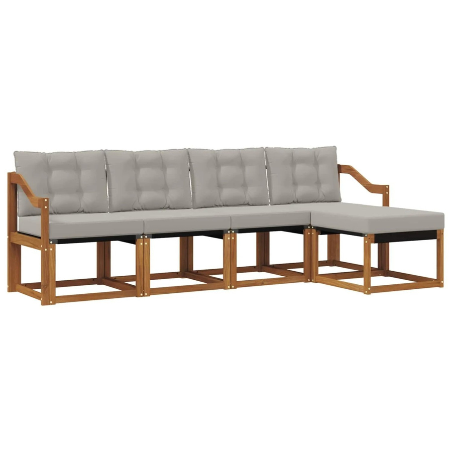 vidaXL Outdoor-Sofagarnitur 5-teilig aus Akazienholz und Textilene in Natur und Hellgrau mit Kissen und Armlehnen - Bild 2