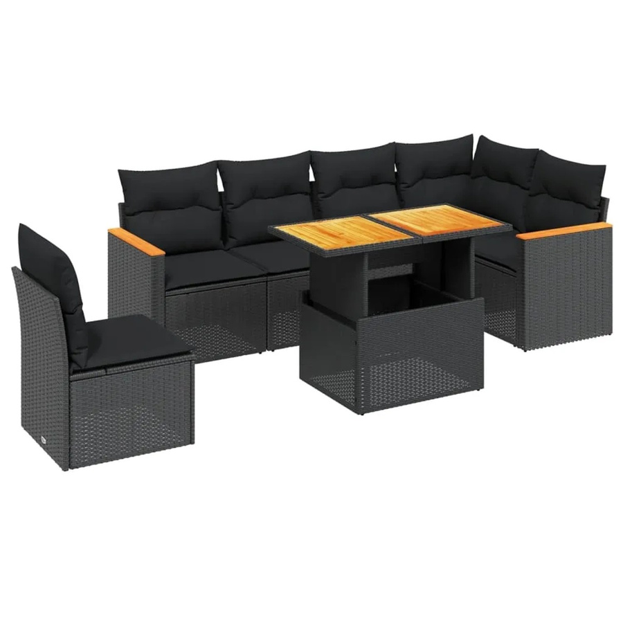 vidaXL 7-teilige Garten-Sofagarnitur in L-Form aus schwarzem Poly-Rattan mit Kissen und pulverbeschichtetem Stahlrahmen - Bild 2